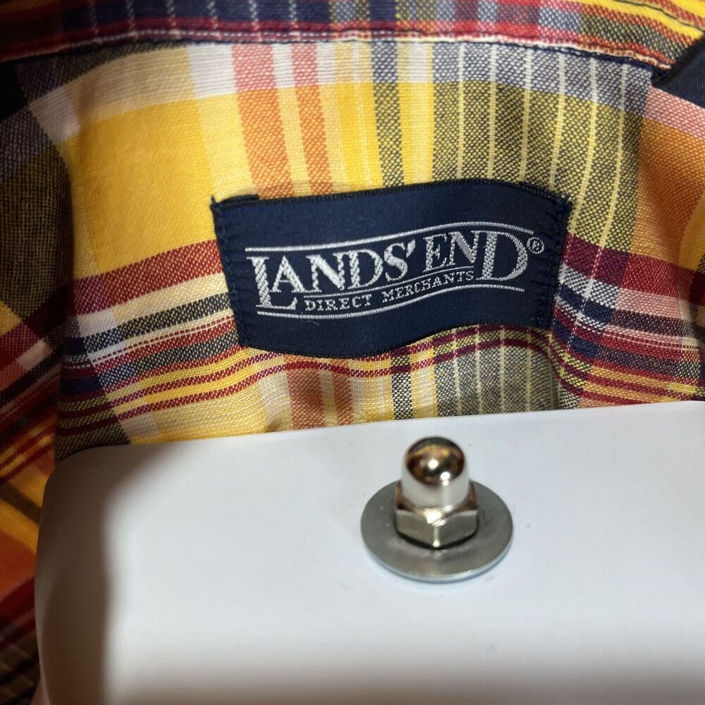 LANDS ENDS BUTTON DOWN LONG SLEEVE SHIRT MENS LARGE TALL YELLOW PLAID RED RIPPED - Picture 9 of 14